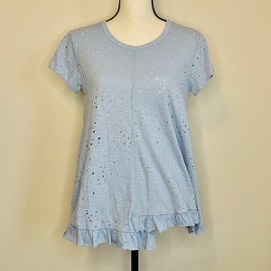 NWOT Oddi Distressed Holes Ruffle Hem Top